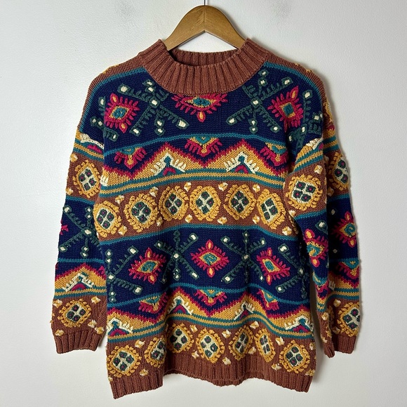 Vintage Paul Harris Brown Navy Boho Folk Tapestry Knit Sweater Small Indie 90s - Picture 2 of 9